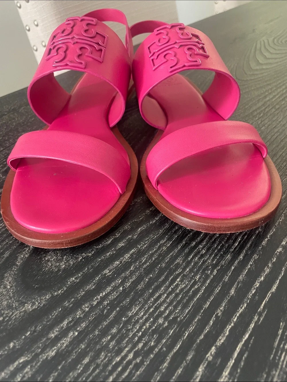 Tory Burch Hot Pink Leather Logo Slingback Sandals with box